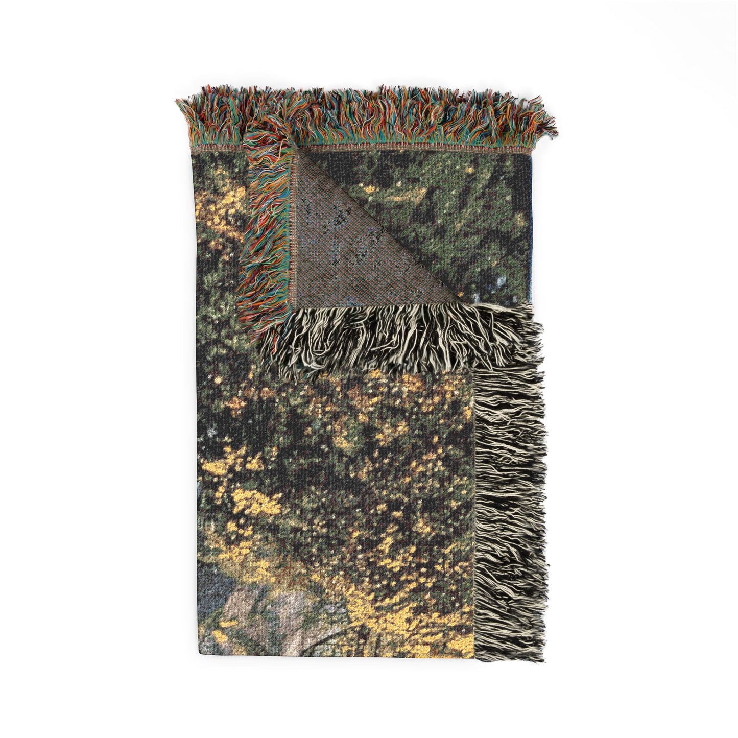 Multnomah Falls woven blanket with fringes, folded