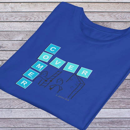 True Royal Blue t-shirt with text 'Overcomer, 1 John 5:4' design on a wooden surface