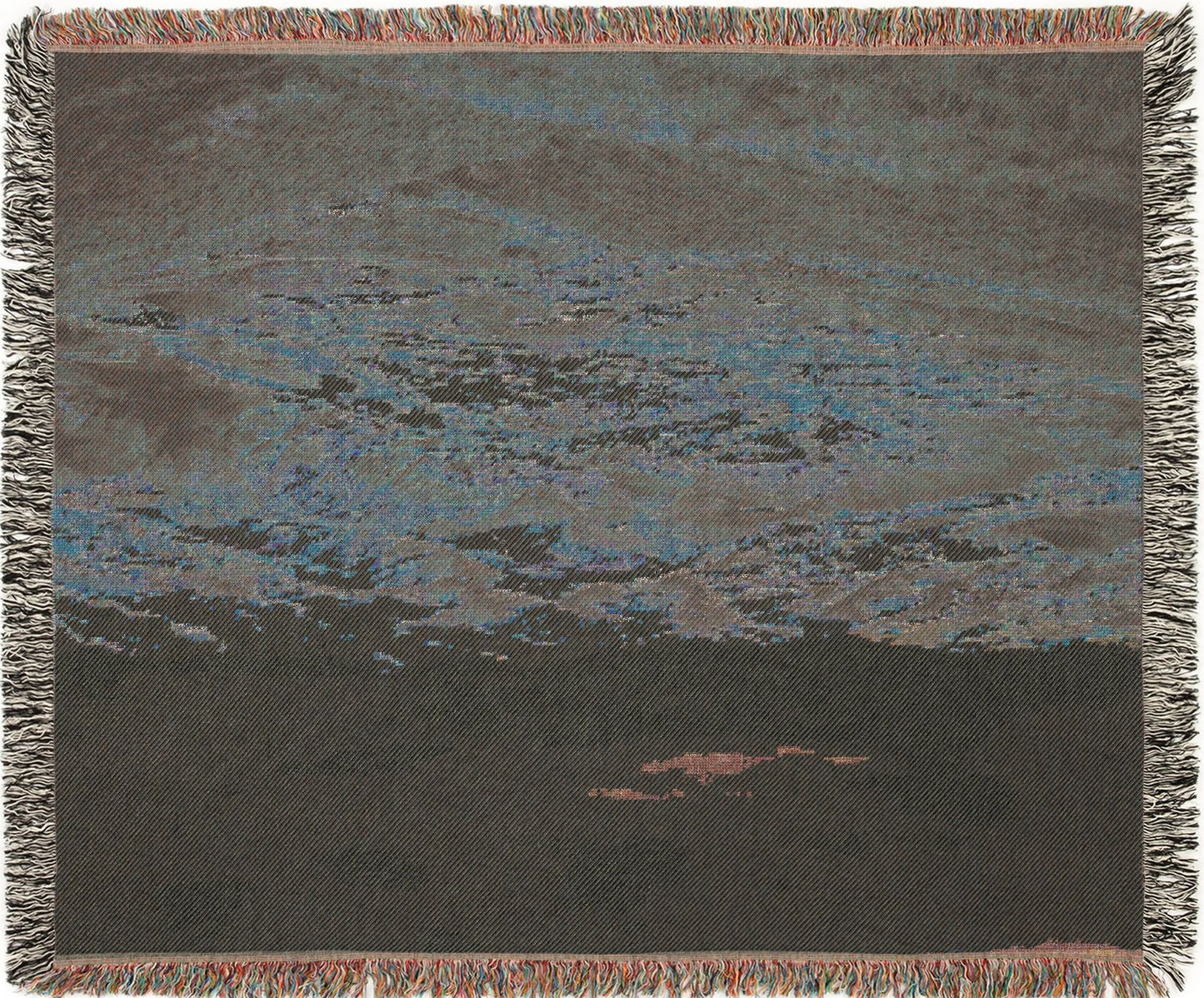 Painted Hills Oregon woven blanket with a landscape design, back view.