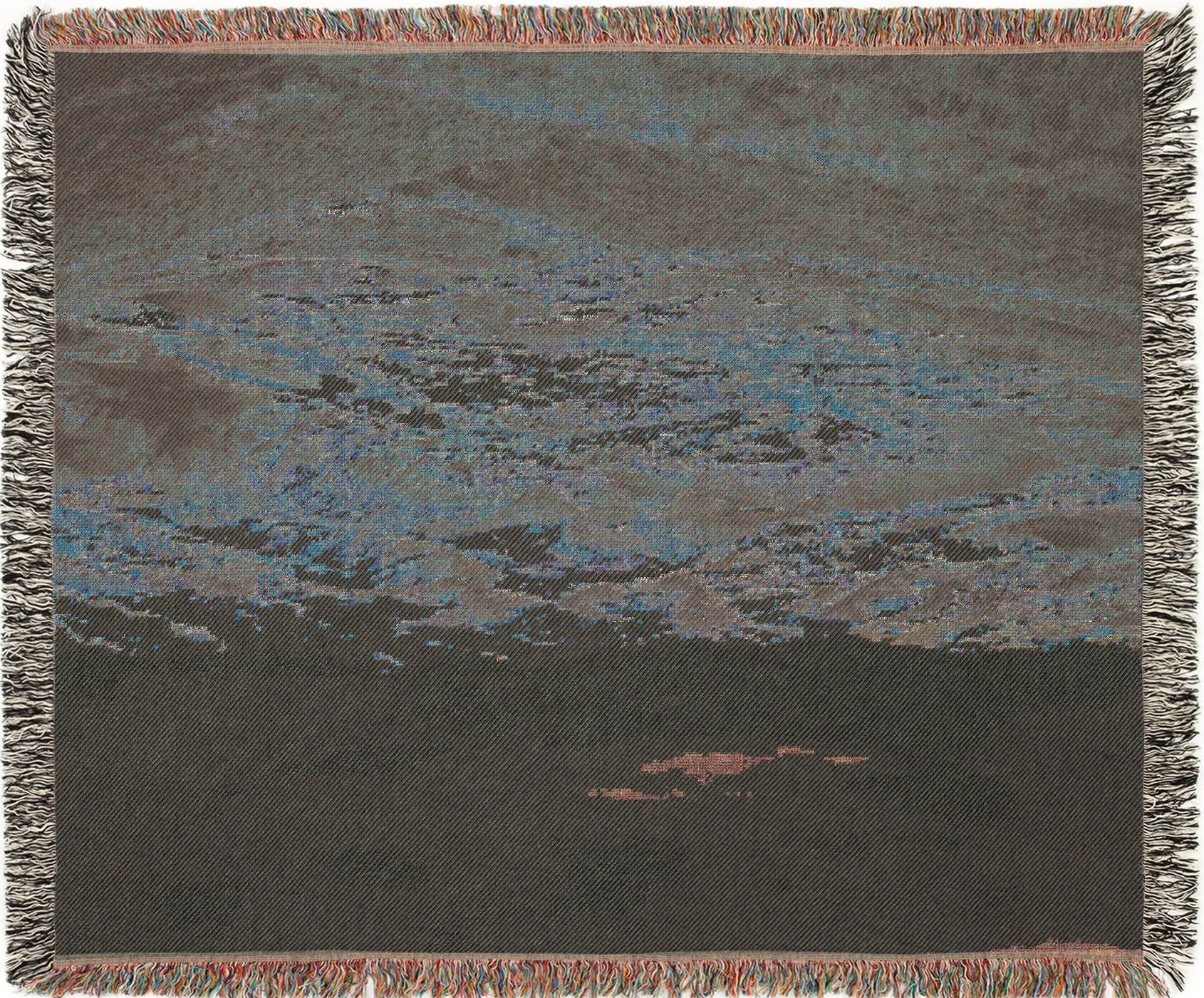 Painted Hills Oregon woven blanket with a landscape design, back view.