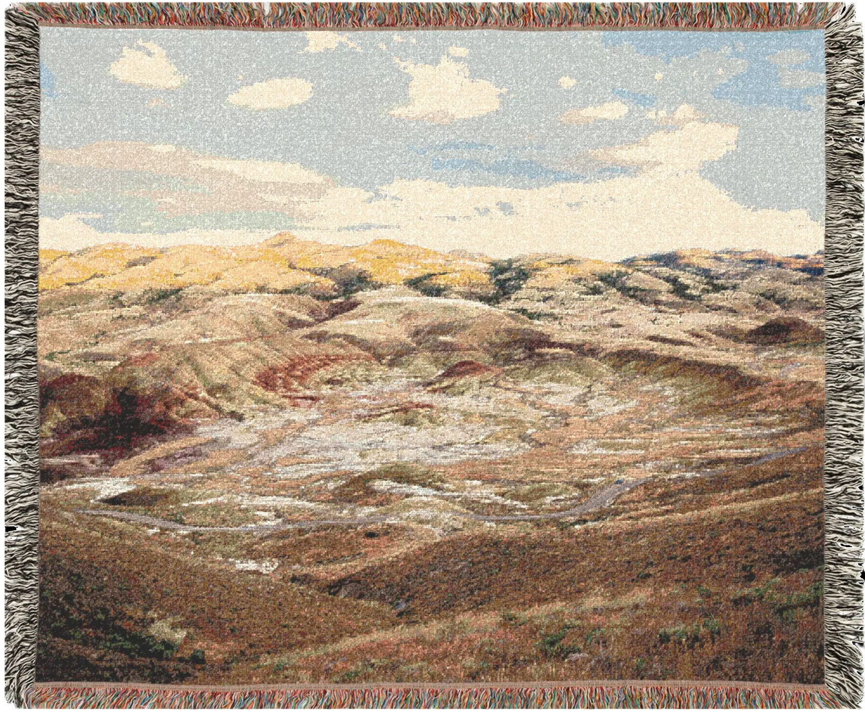 Painted Hills Oregon woven blanket with a landscape design of hills and sky.