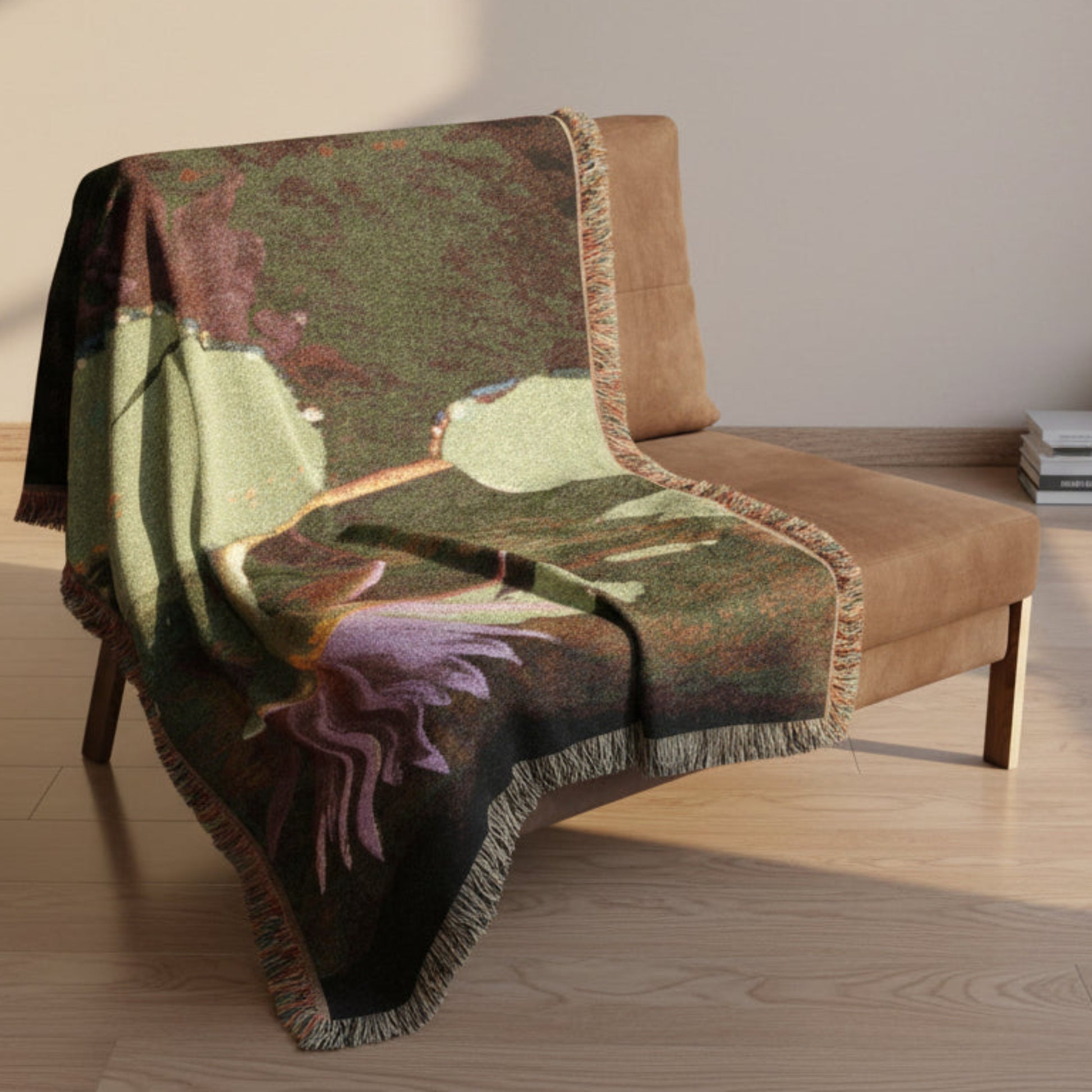 Floral-patterned blanket draped over a brown chair on a white background
