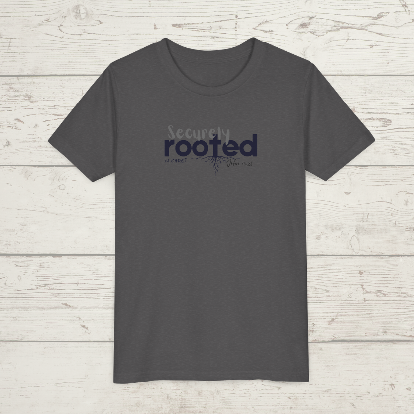 Dark Heather grey t-shirt with white text 'Securely Rooted' on a wood background
