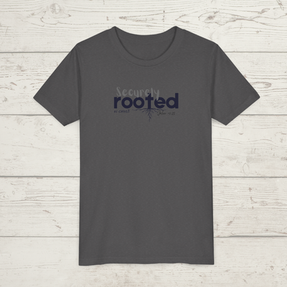 Dark Heather grey t-shirt with white text 'Securely Rooted' on a wood background