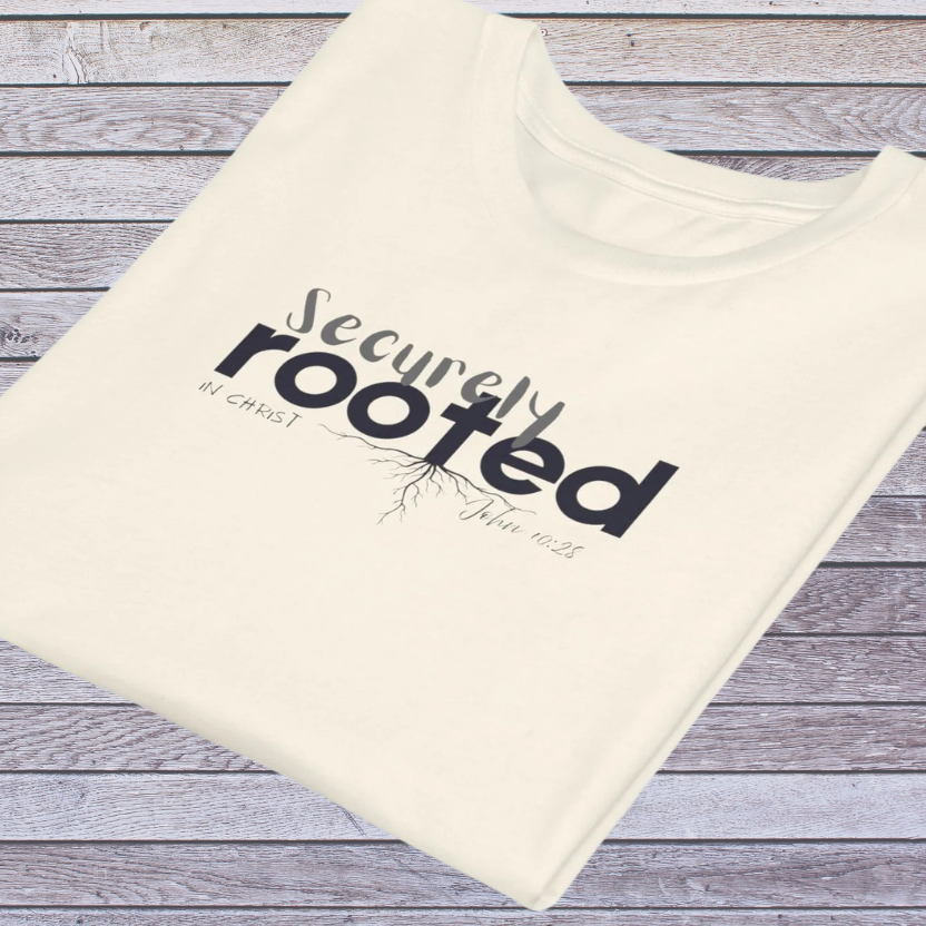 Beige t-shirt with 'Securely Rooted' text on a wooden surface