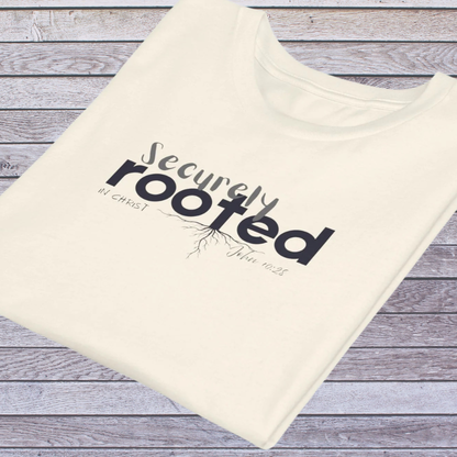 Beige t-shirt with 'Securely Rooted' text on a wooden surface