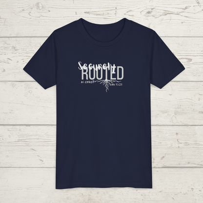 Navy t-shirt with white text 'Securely Rooted' on a wood background