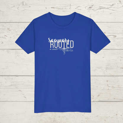 Blue t-shirt with white text 'Securely Rooted' on a wooden surface
