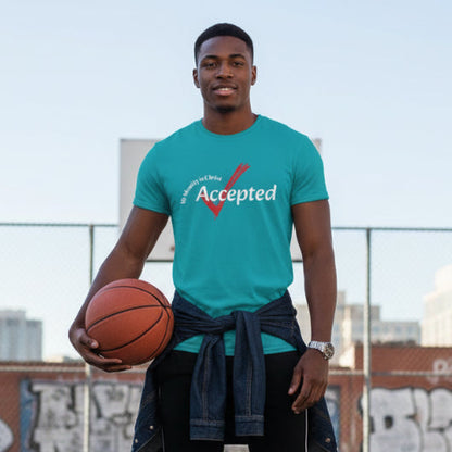 Tropical Blue t-shirt with 'My identity in Christ Accepted' text and red check-mark design on a wood background