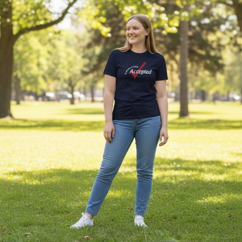 Person wearing a navy blue t-shirt with 'My identity in Christ, accepted' text with a red check mark.