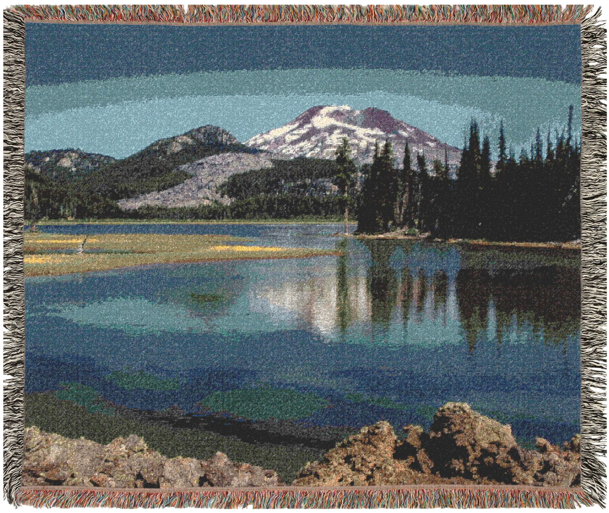 Woven blanket with a scenic landscape of Spark Lake