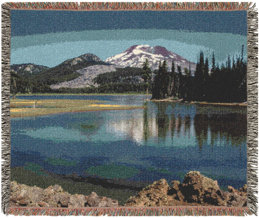 Woven blanket with a scenic landscape of Spark Lake