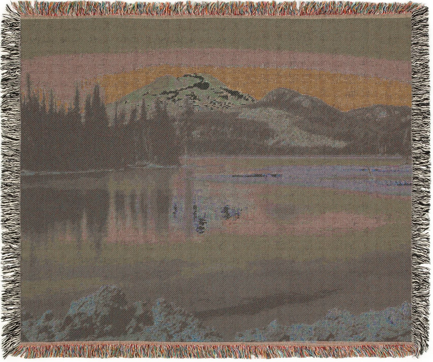 Backside of Sparks Lake Woven blanket with a scenic landscape design