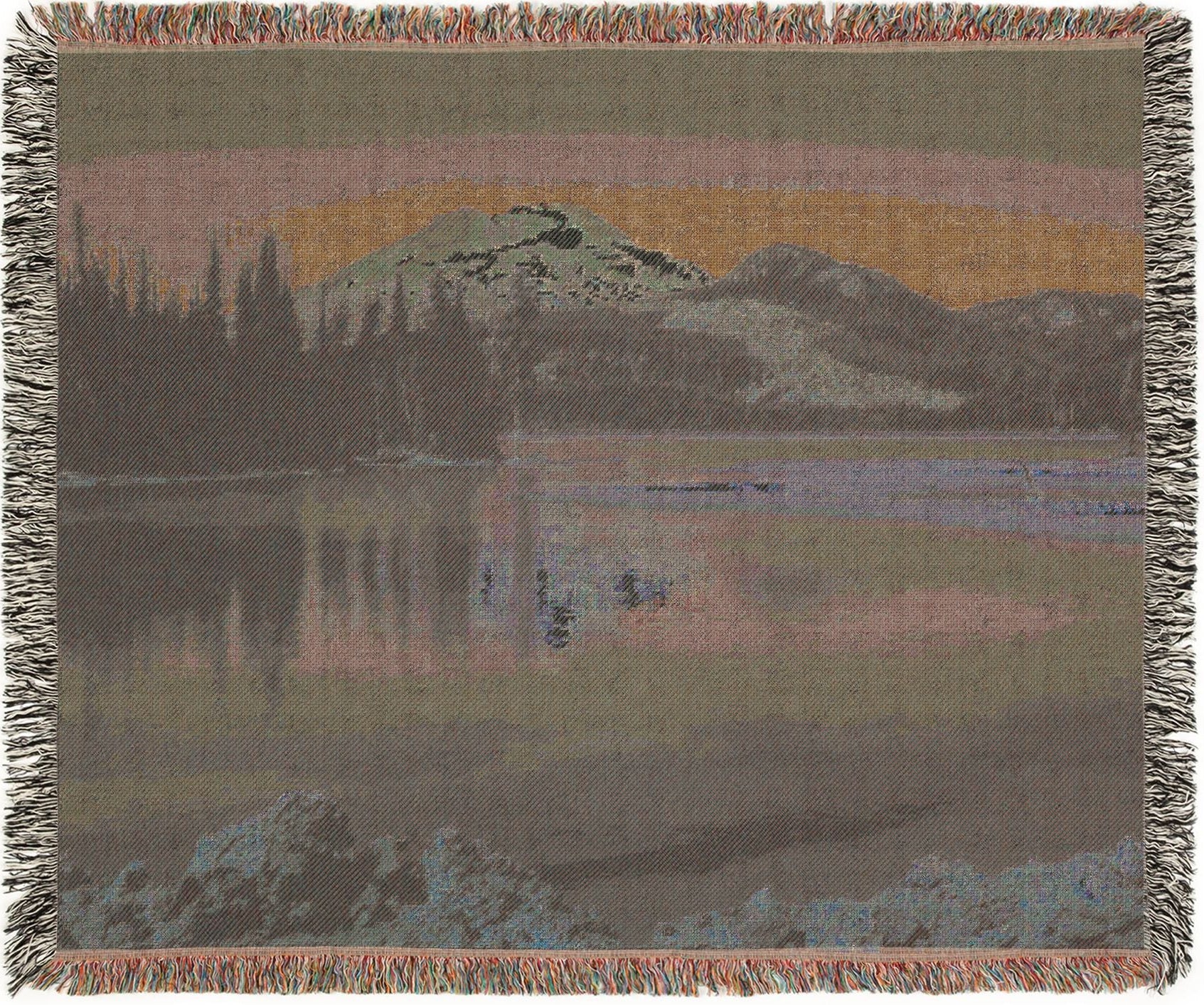 Backside of Sparks Lake Woven blanket with a scenic landscape design