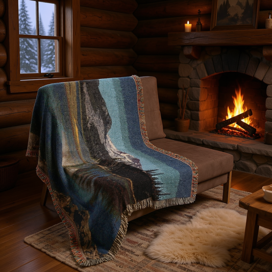 Cozy living room with a fireplace, brown chair, and mountain-themed blanket.