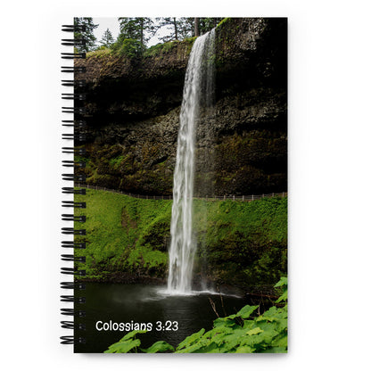 Notebook with a waterfall design in Oregon and 'Colossians 3:23' text on the cover