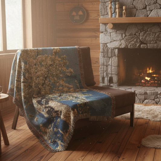 Decorative blanket with floral design draped over a chair in a cozy cabin