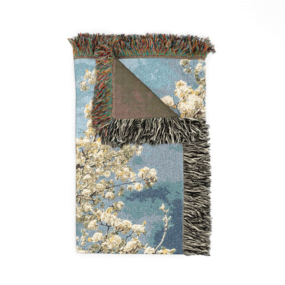 Tree in Bloom woven blanket with fringes, folded