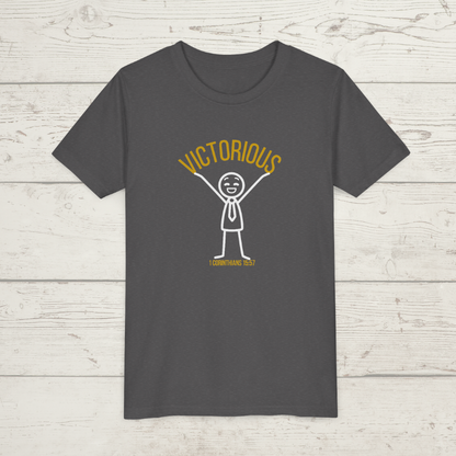 Dark gray t-shirt with a graphic design on a wooden surface
