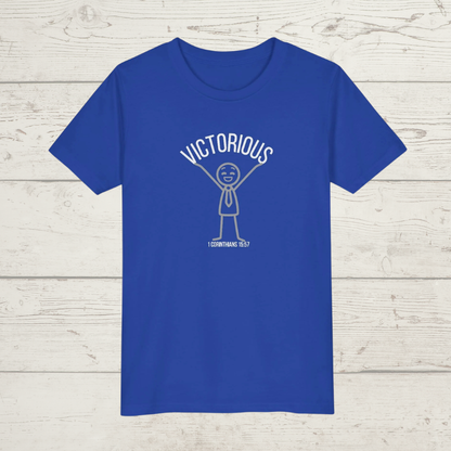 Blue t-shirt with white graphic design on a wooden surface