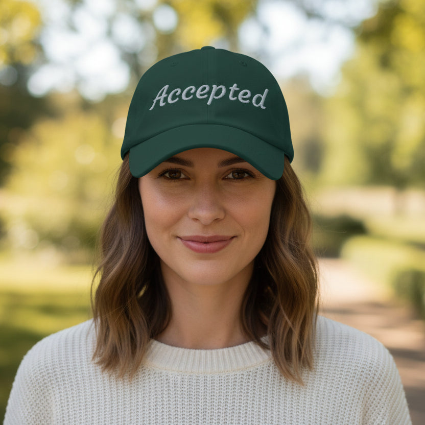 Green cap with 'Accepted' text, unisex unstructured cap