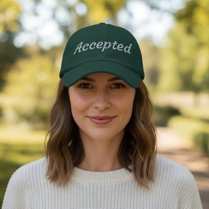 Green cap with 'Accepted' text, unisex unstructured cap