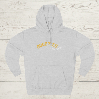 Grey hoodie with 'ACCEPTED' text on a wooden surface
