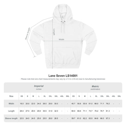 White hoodie with measurement chart on a white background