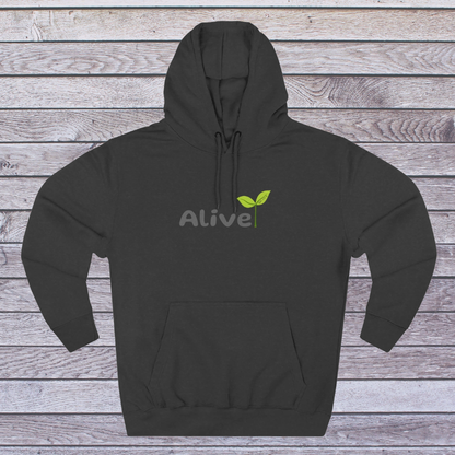 Charcoal Heather hoodie with 'Alive' logo on a wooden surface