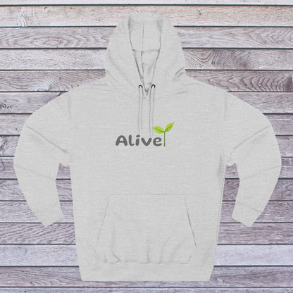 Grey hoodie with 'Alive' logo on a wooden background