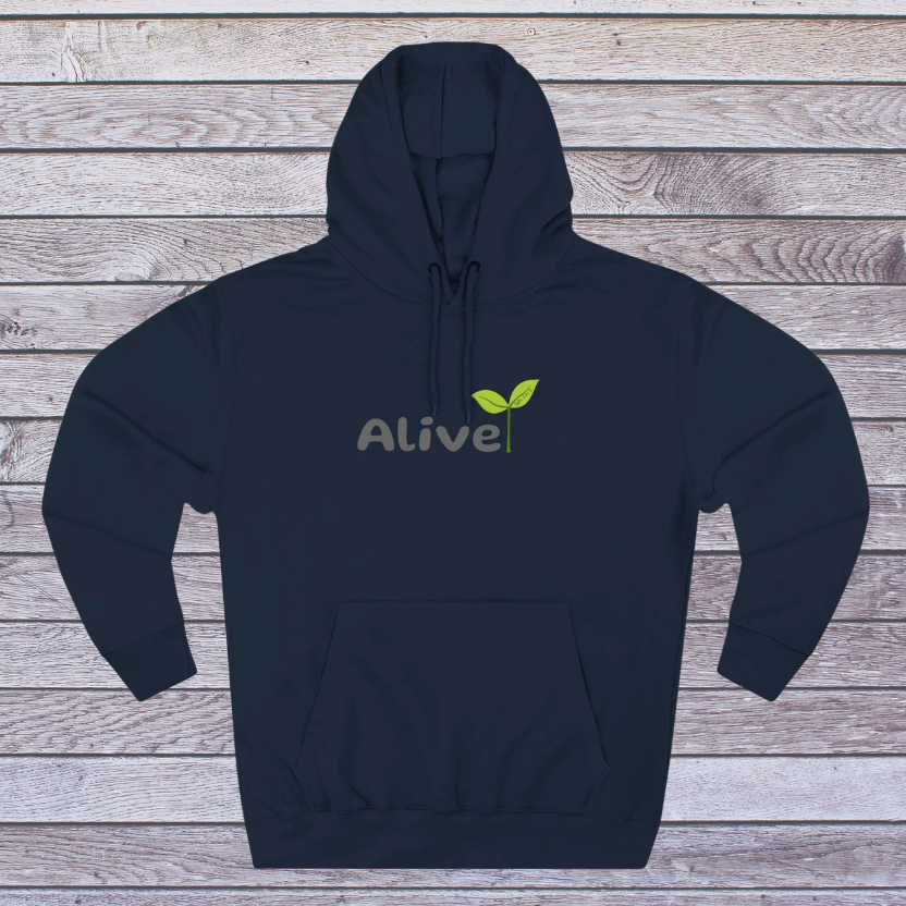 Navy hoodie with 'Alive' logo on a wooden surface