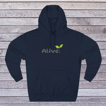 Navy hoodie with 'Alive' logo on a wooden surface