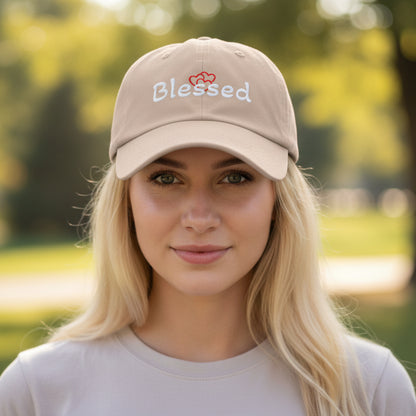 Beige cap with 'Blessed' and a heart design, unisex unstructured cap