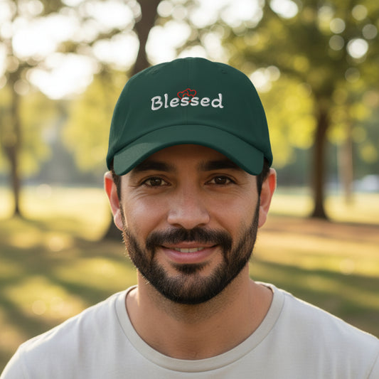 Dark green cap with 'Blessed' and heart design, unisex unstructured cap