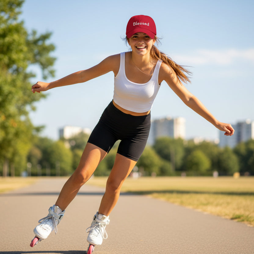 Red cap with 'Blessed' text on a white background, rollerblading with city view