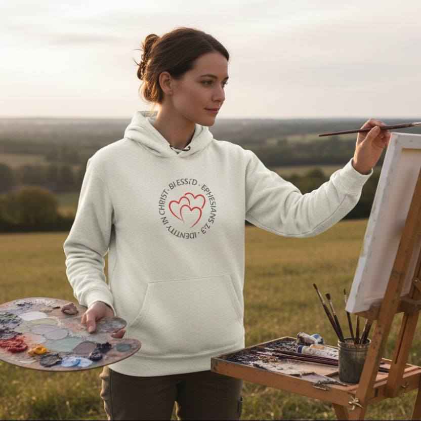 White hoodie with a red heart design and 'Blessed, Identity in Christ, Ephesians 1:3' text. Outside painting.