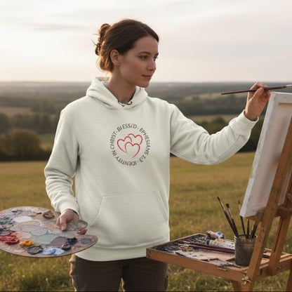 White hoodie with a red heart design and 'Blessed, Identity in Christ, Ephesians 1:3' text. Outside painting.