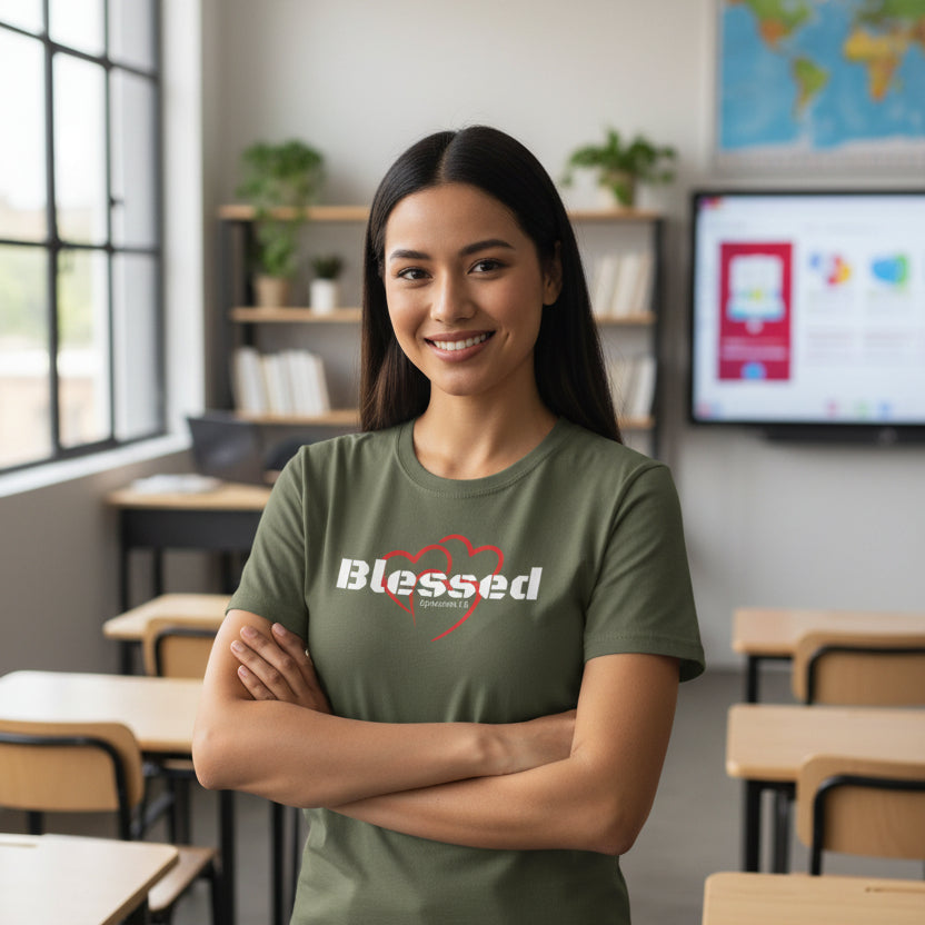 Green t-shirt with 'Blessed' design teacher at school
