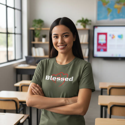 Green t-shirt with 'Blessed' design teacher at school