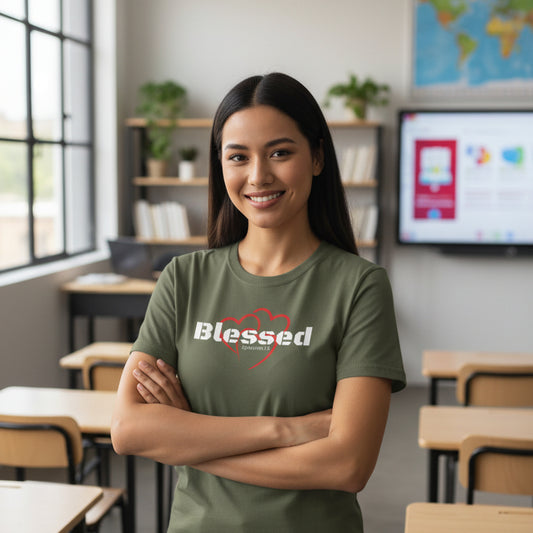 Green t-shirt with 'Blessed' design teacher at school