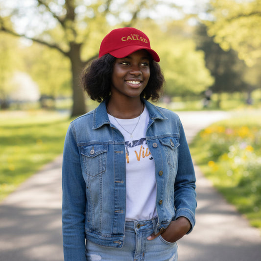 Red cap with 'I am CALLED' text in gold, unisex unstructured cap
