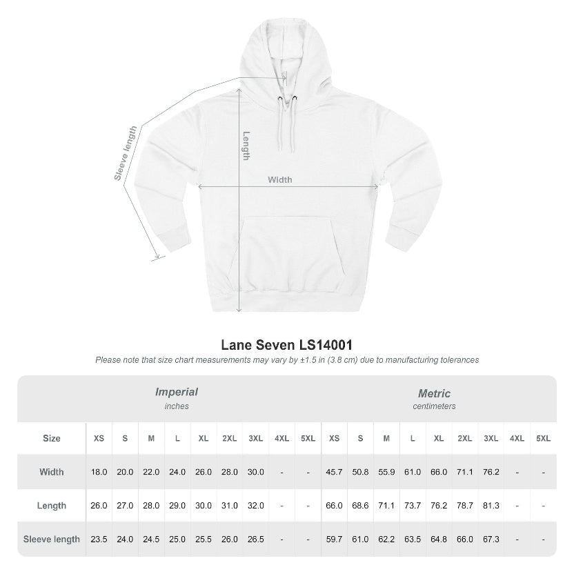 White hoodie with measurement chart on a white background