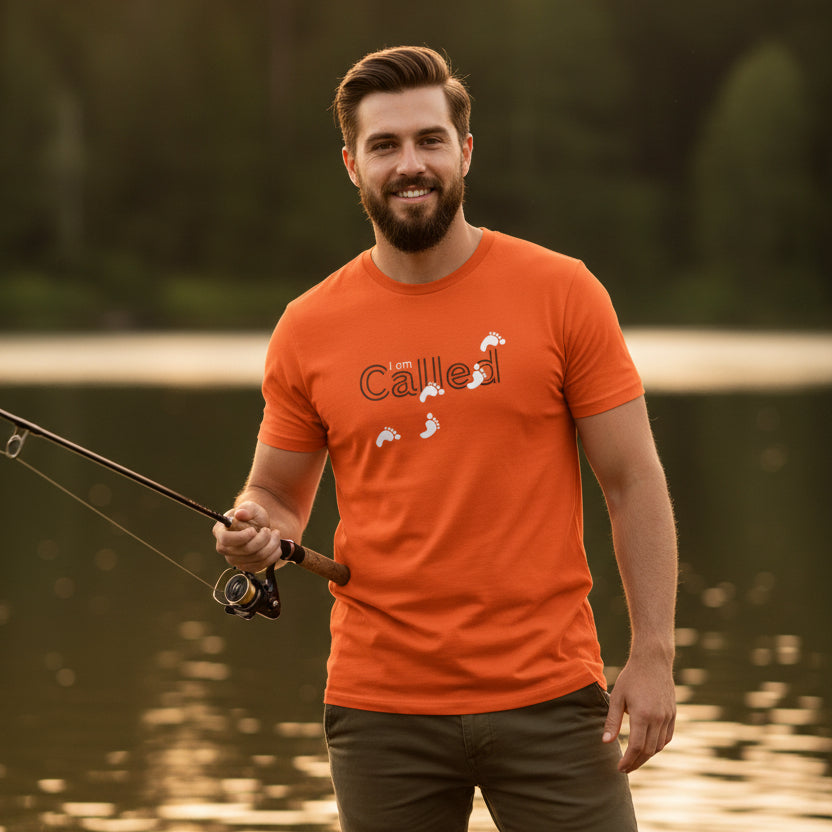 Orange t-shirt with 'I am Called' text design, man fishing at the lake