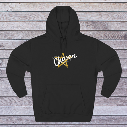 Black hoodie with 'Chosen' text and star design on a wooden background