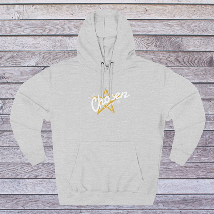 Gray hoodie with 'Chosen' and a star design on a wooden background