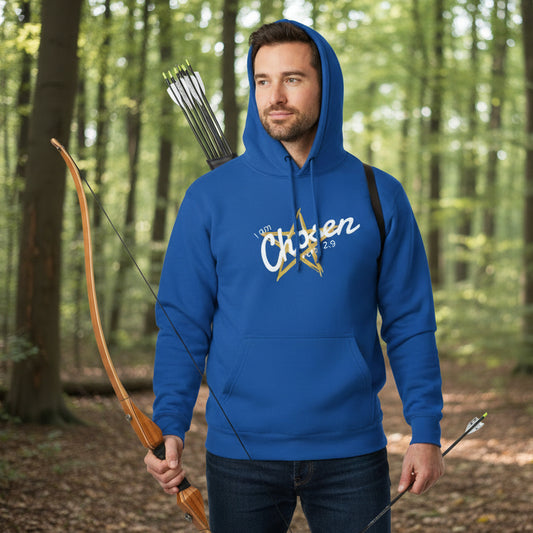 Blue hoodie with 'Chosen' text and star design, in the woods with bow and arrow