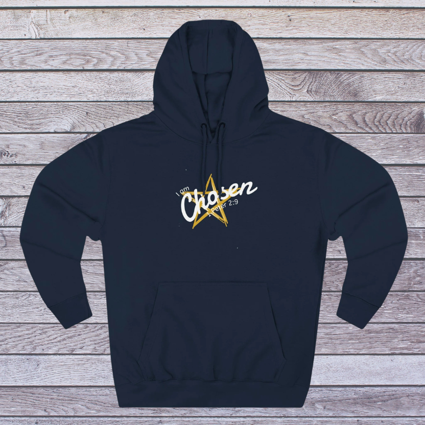 Navy hoodie with a yellow and white logo on a wooden surface