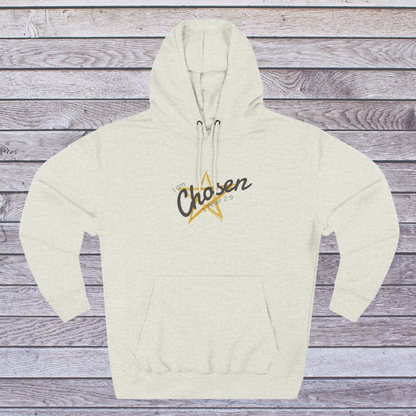 Oatmeal Heather hoodie with 'Chosen' text and star design on a wooden surface