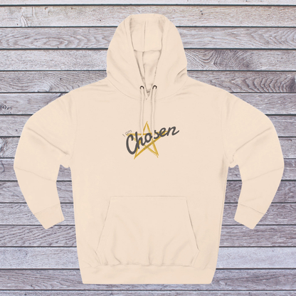 Pale Pink hoodie with 'Chosen' and a star design on a wooden background
