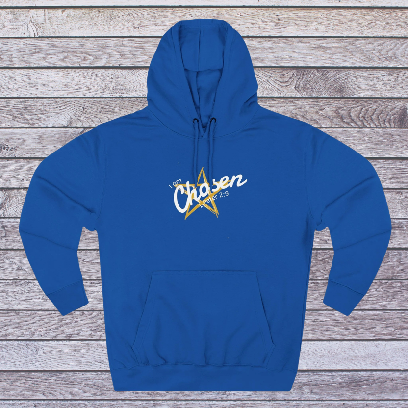 Blue hoodie with 'Chosen' text and star design on a wooden background